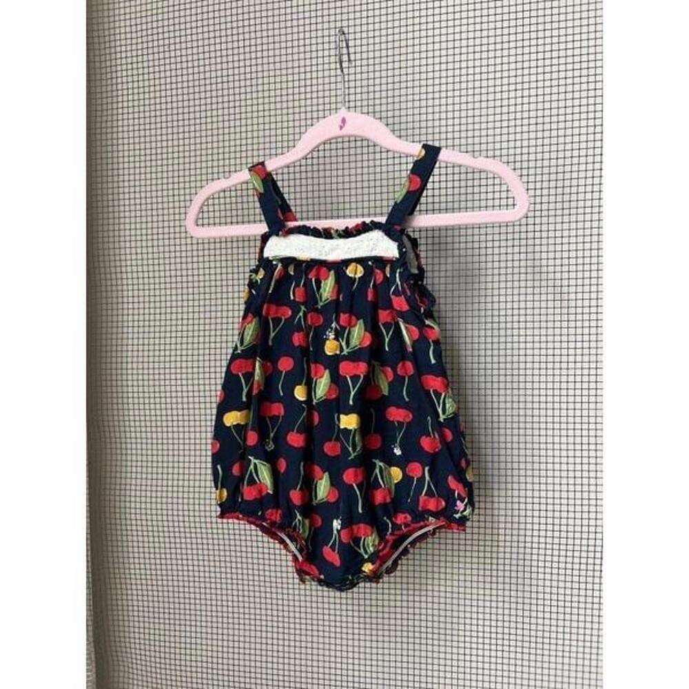 PINK CHICKEN Girls 6-12 Mo Navy Blue Cherries Baby Renata Bubble Romper